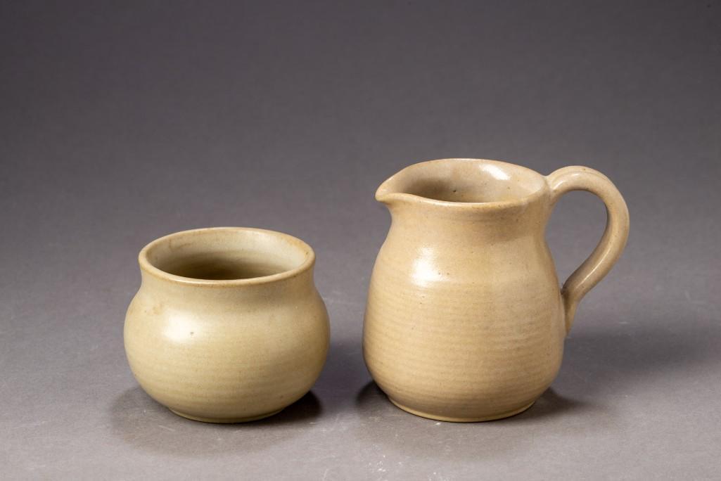 Marblehead Pottery Creamer and Sugar Bowl.: Height of creamer 3.5 inches.