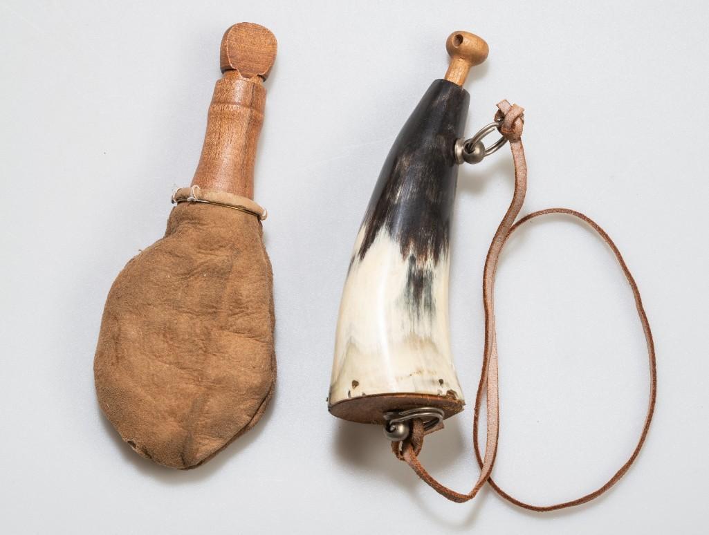 Leather and Wood Shot Pouch and a Powderhorn.: Length of shot pouch 6.5 inches.