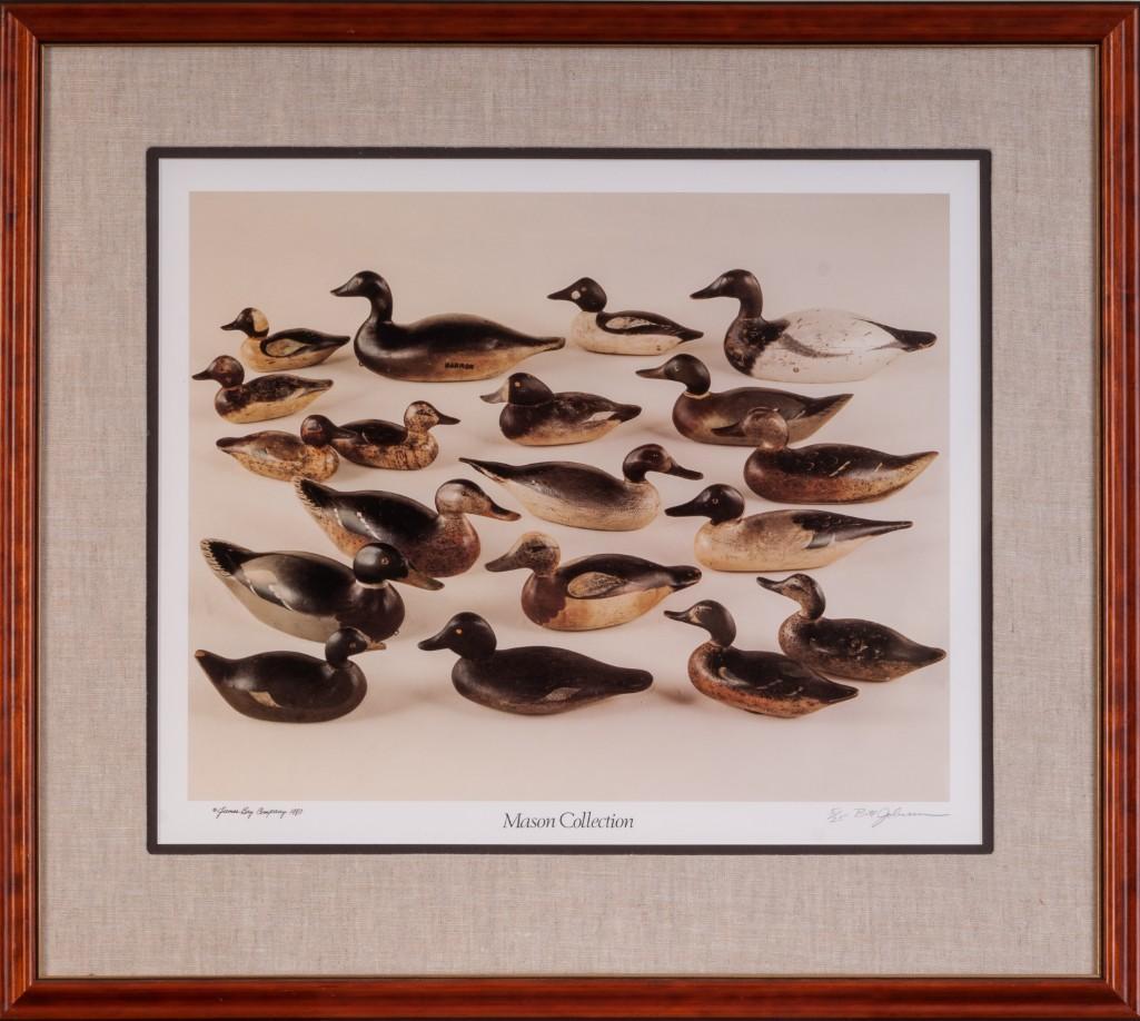 Two Bill Johnson James Bay Company Prints: Canvasbacks and Mason Collection, each 17 x 21 inches, sight, and pencil signed and numbered 5/25. Frame size 26 x 29 1/2 inches.