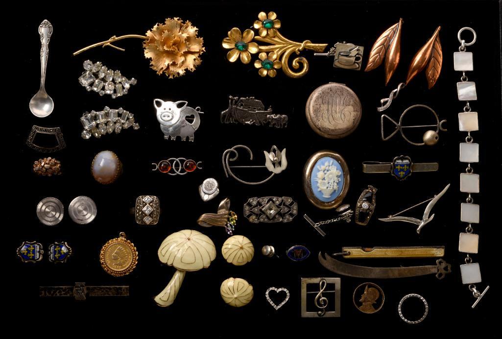 Weiss Rhinestone Earrings and All the Rest.: Mid century mushroom pin and earrings, various earrings, pins, pill box, many little treasures. $5 US shipping.