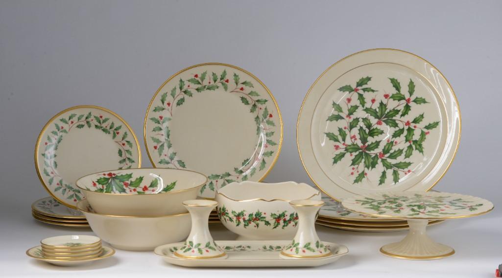 Group of Lenox Holly Dishes.: Two bowls, diameter 9.25 inches. A cake stand, diameter 10.5 inches. Five dinner plates, diameter 10.5 inches. Four dessert plates, diameter 8 inches. Four platter, diameter 12.5 inches. A bowl, pair 