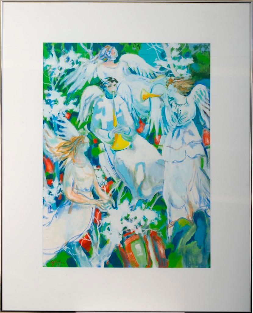 Carl Nelson (American/Swedish 1898 - 1988). Angels.: Signed and dated "C. Nelson, '84" l.r. Casein on paper 29 x 21 in. sight