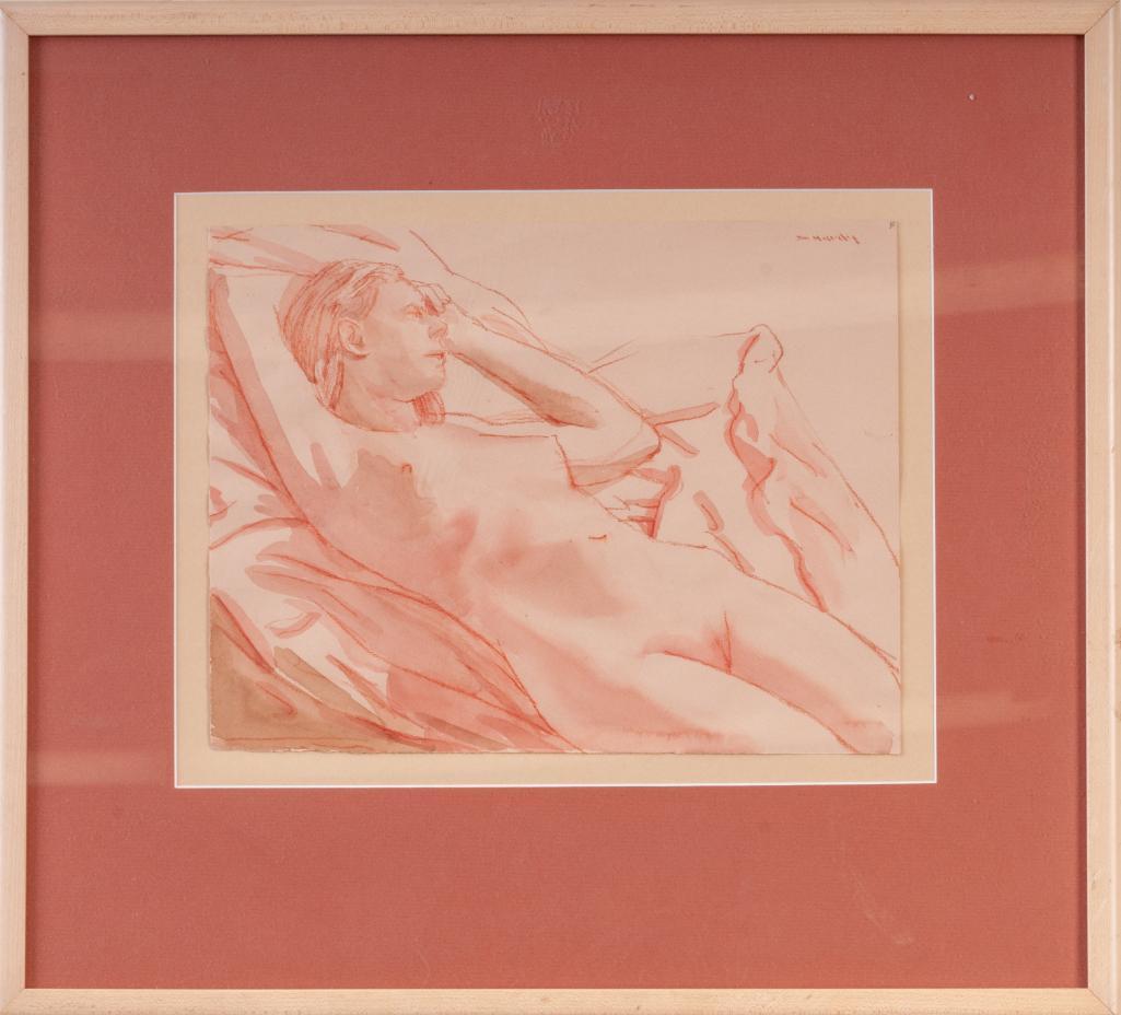 Dewitt Hardy (1940 - 2017). Reclining Nude.: Conte crayon on paper, 10 x 12 3/4 inches. Signed upper right. Frame 18 x 21 inches.