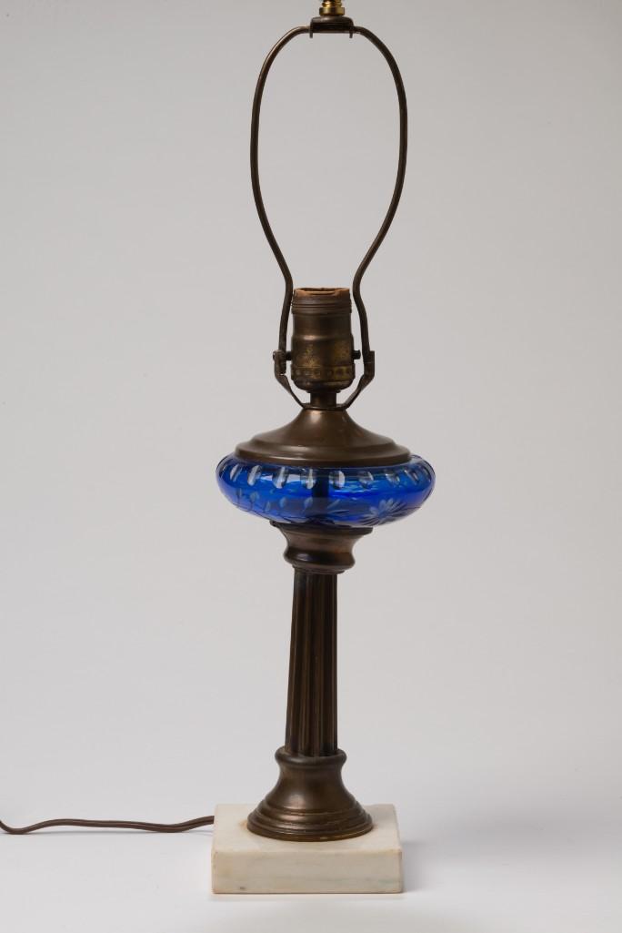 Blue Cut to Clear Lamp Base.: Fitted for electricity, height not including harp 12 inches.