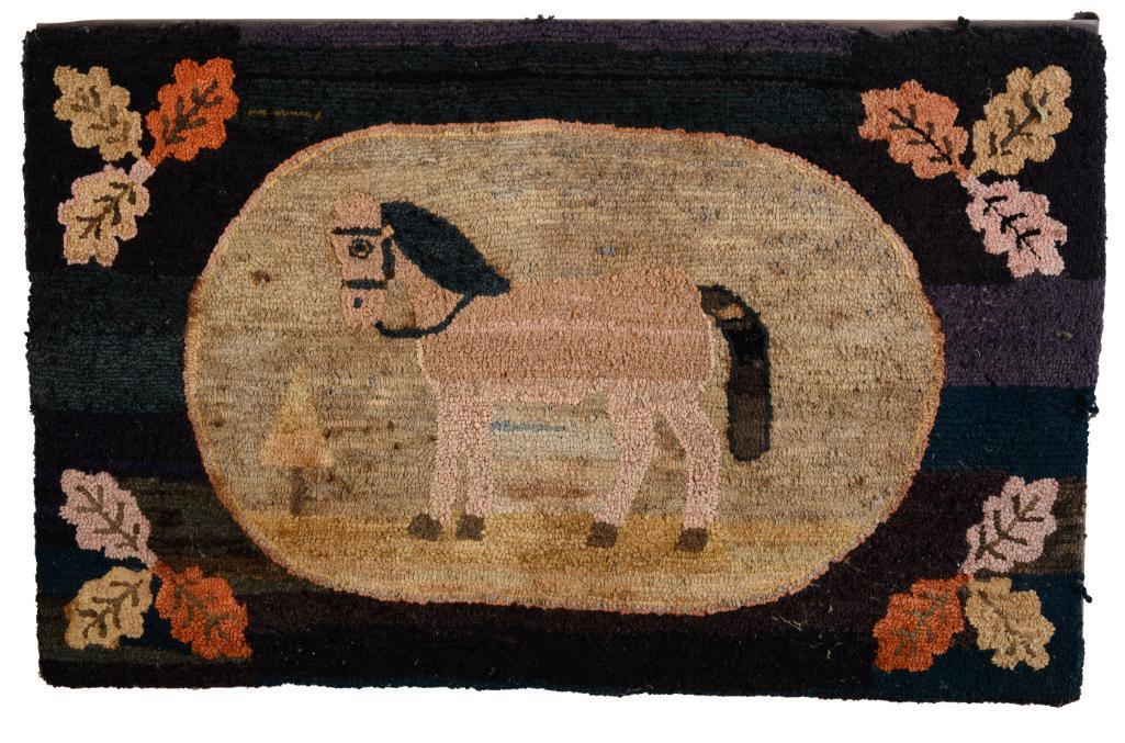 Folk Art Hooked Rug with Horse. (1 of 2)
