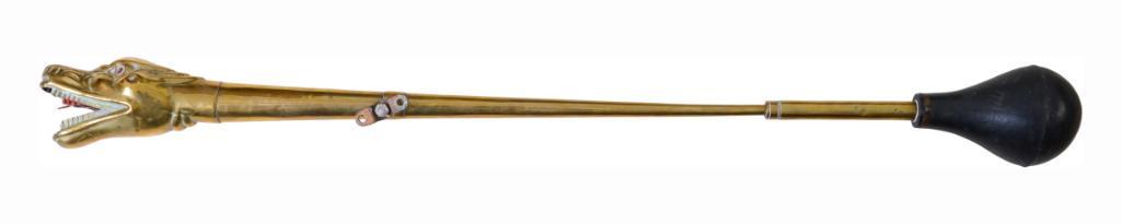 Brass Serpent Fireplace Blower.: Overall length 36.5 inches. Tear to rubber bulb.