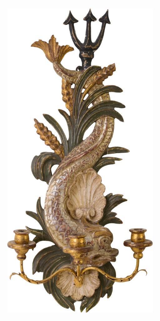 Carved and Painted Wood Dolphin Sconce. (1 of 3)