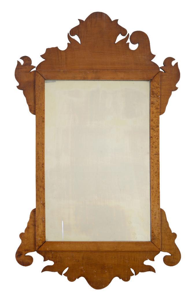 Chippendale Style Mirror.: Maple and Bird's Eye Maple, height 29.5 inches, width 17.5 inches. Damage to one upper ear.