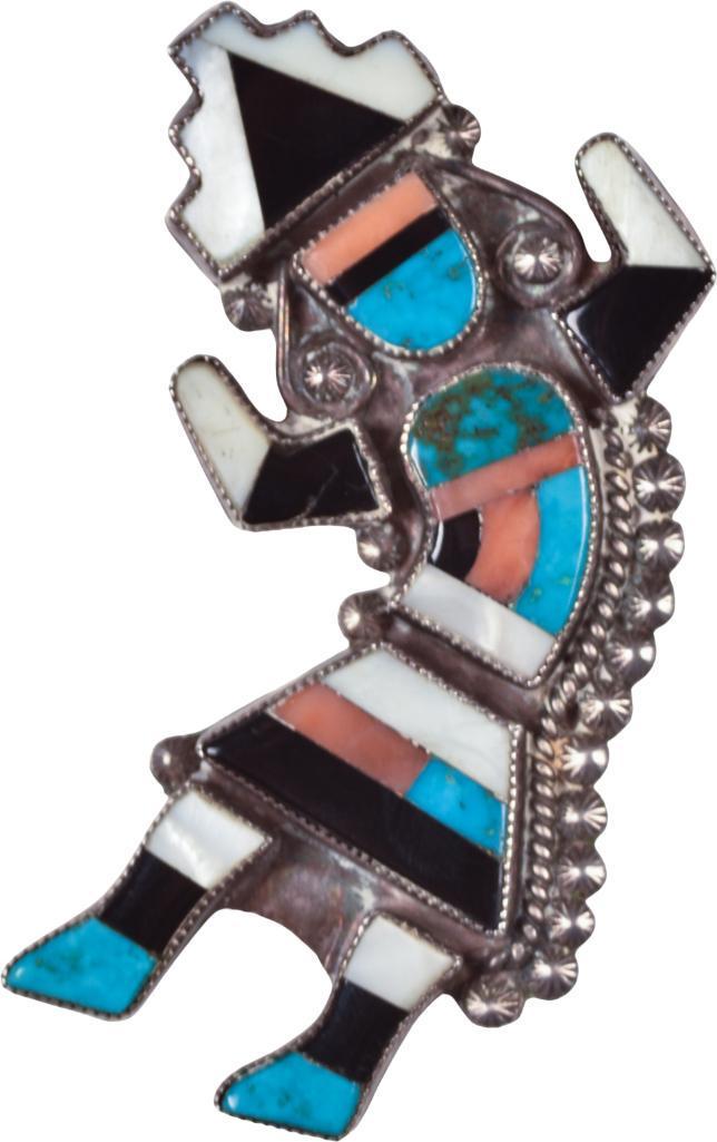 Large Zuni Sterling and Inlaid Stone Rainbow Man Pin. (1 of 2)