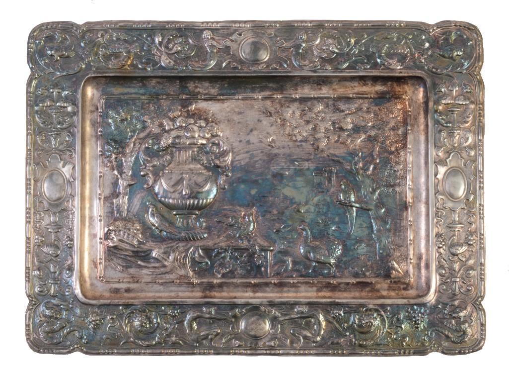19th c. Silvered Metal Repousse Tray. (1 of 2)