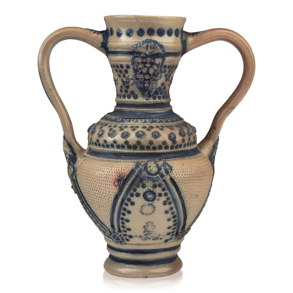 19th c. German Stoneware Handled Vase. (1 of 4)