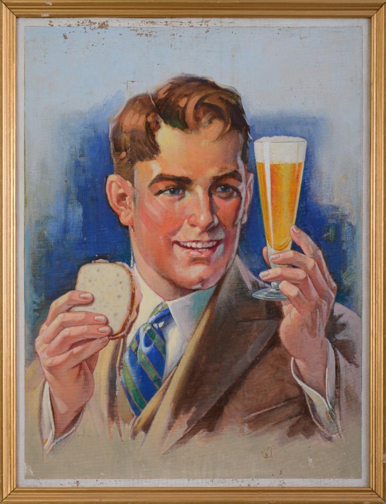 William Lister Illustration of Man with a Beer.: Pennsylvania, born 1866. Oil on board, 27 x 20.5 inches, signed on back and with label from The Wolf Company, Philadelphia.
