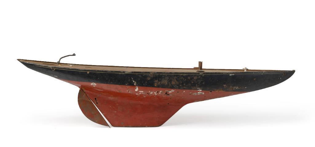 Panted Tin Pond Model.: Length 32 inches. With holes in hull.