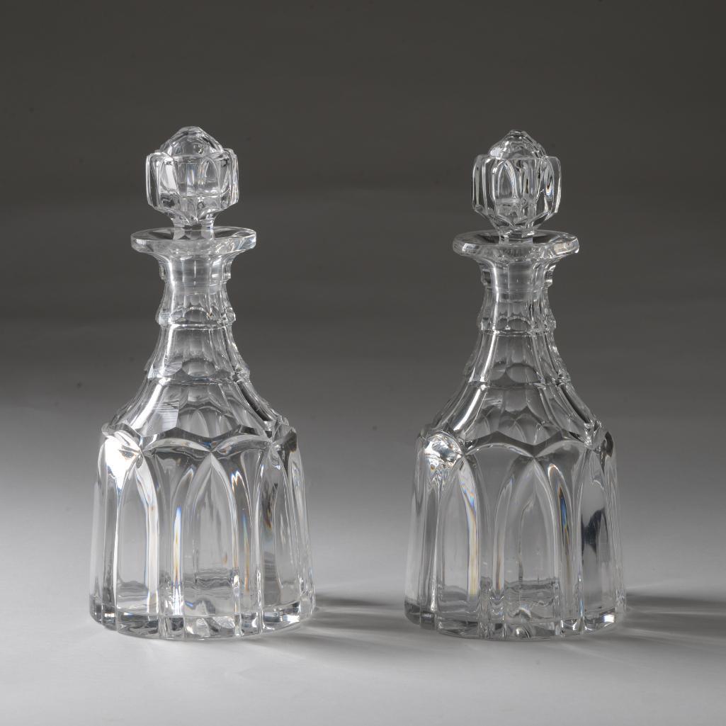 Pair of Anglo-Irish Gothic Cut Glass Decanters.: Height 11.5 inches.
