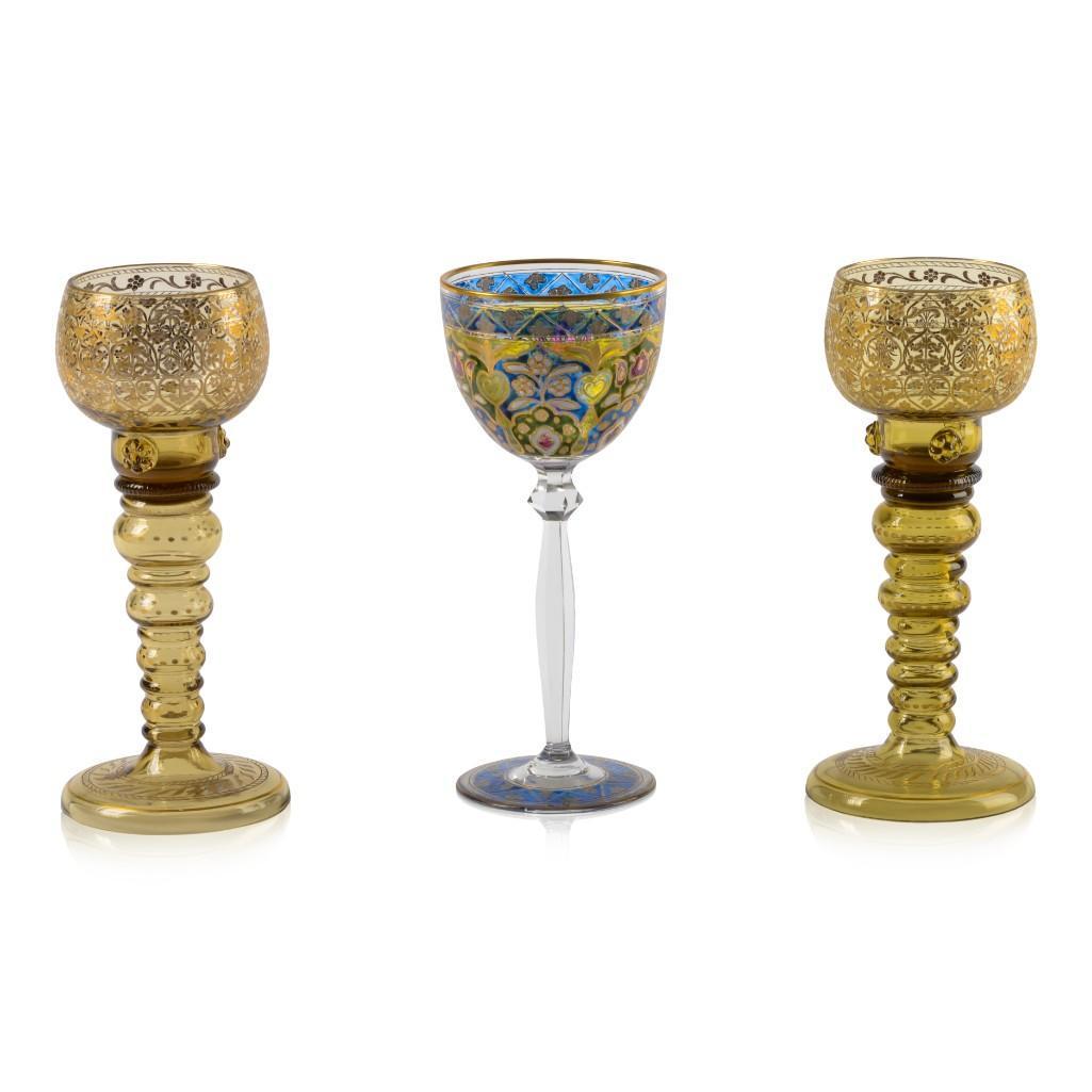 3 Fritz Heckert Bohemian Wine Glasses.: One in the Jodphur Pattern, height 7.5 inches, and a pair, height 7.75 inches.