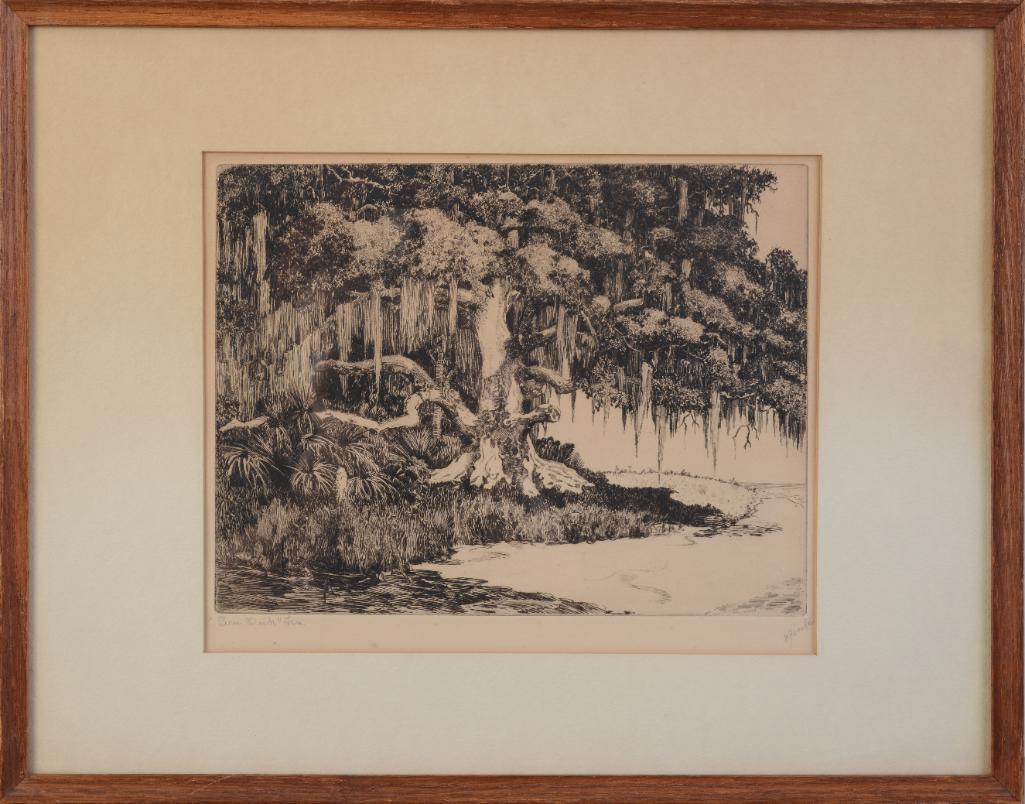 Walter R. Locke "Live Oak Florida" etching. (1 of 2)