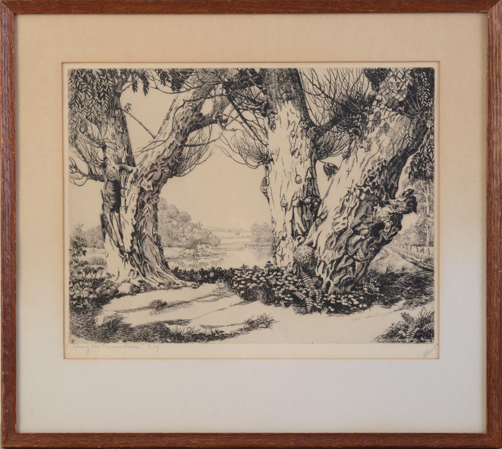 Walter R. Locke "Along the Beaverkill, N.Y." etching. (1 of 3)