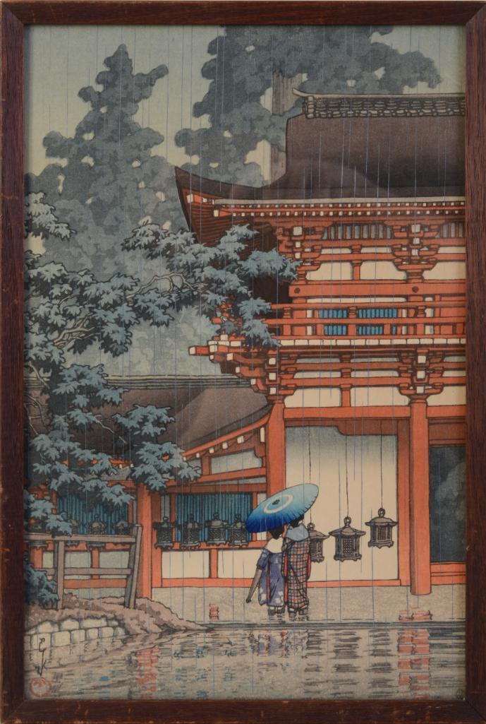 Kawase Hasui Japanese Woodblock Print.: Japanese. Kawase Hasui, 1883-1957, "Rain at Kasuga Shrine, Nara." 14.5 x 9.5 inches.