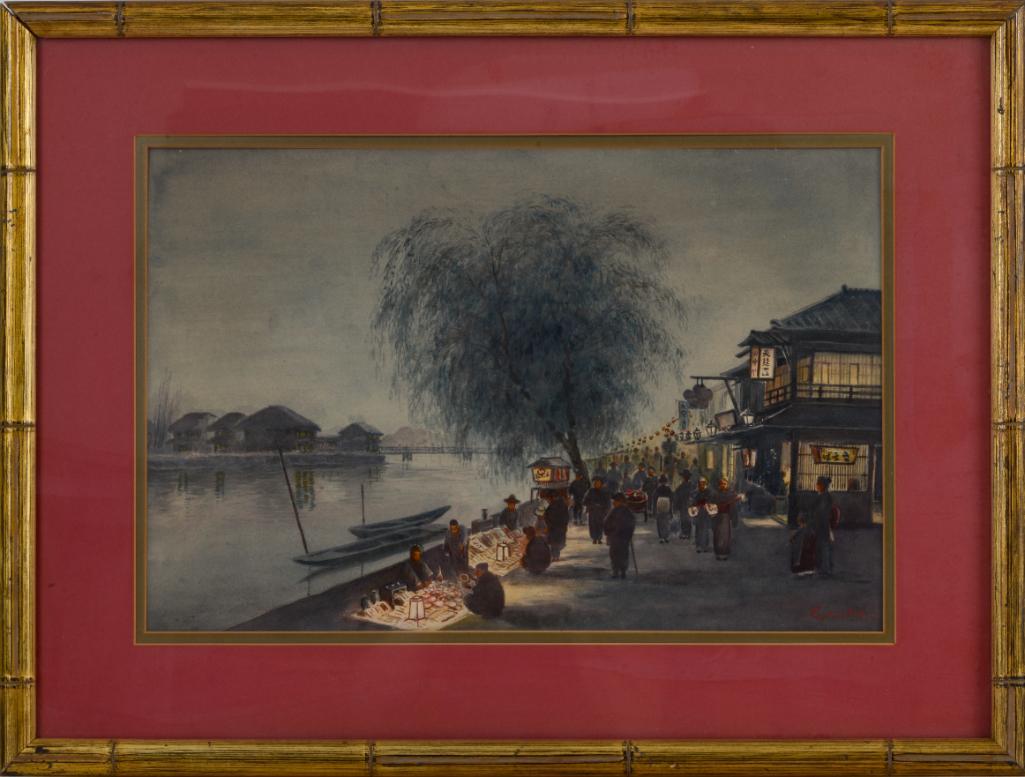 Eizo Kato Watercolor of a Japanese Street at Dusk.: Eizo Kato, Japan, 1906-1972, 12.5 inches x 19 inches sight, signed lower right, framed. Frame 20 by 26.5 inches.