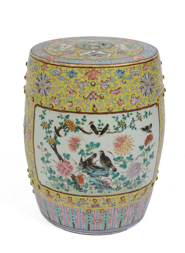 19th c. Chinese Famille Rose Garden Seat.: Yellow ground, as is. Height 18 inches, diameter 13 inches.