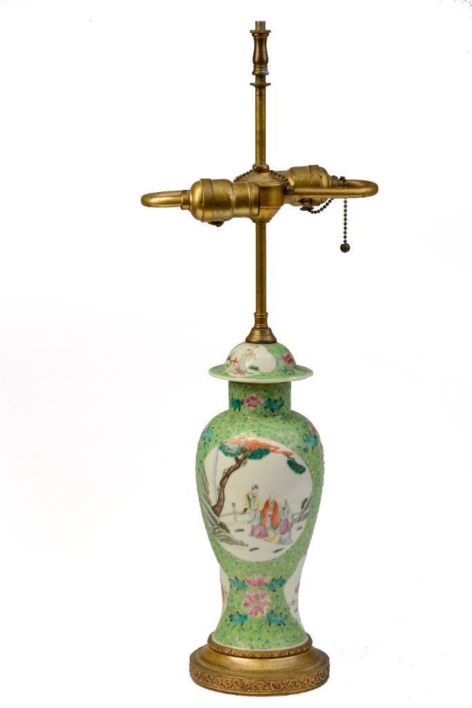 Chinese Green Ground Famille Rose Lamp. (1 of 3)