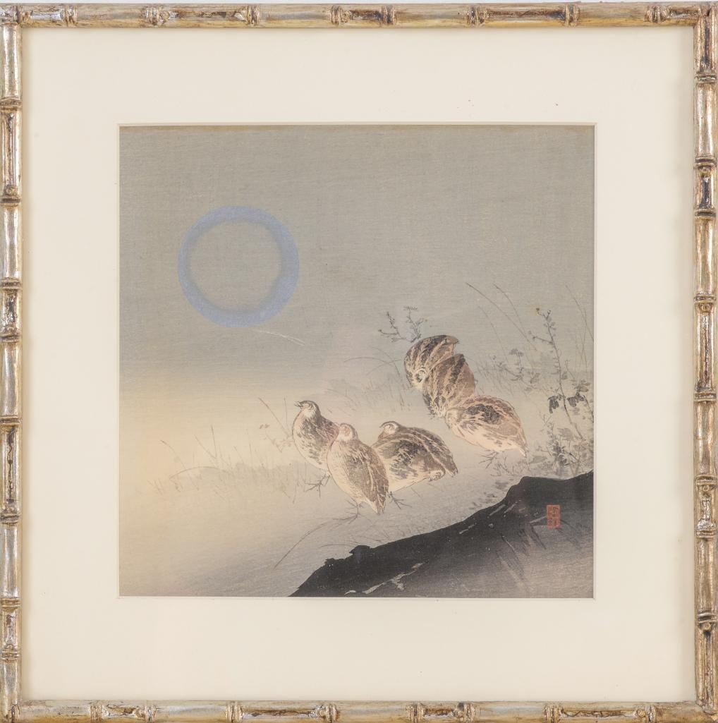 Tsukioka Kogyo "Quails and Full Moon" Woodblock Print. (1 of 2)