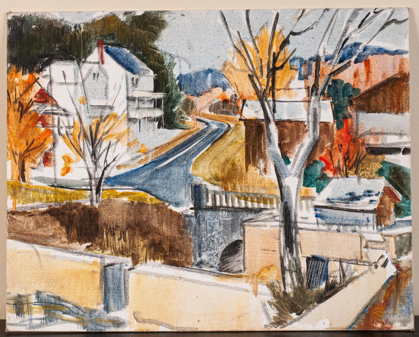 Edgar Batzell. Street Scene.: Oil on board, 16 x 20 inches.