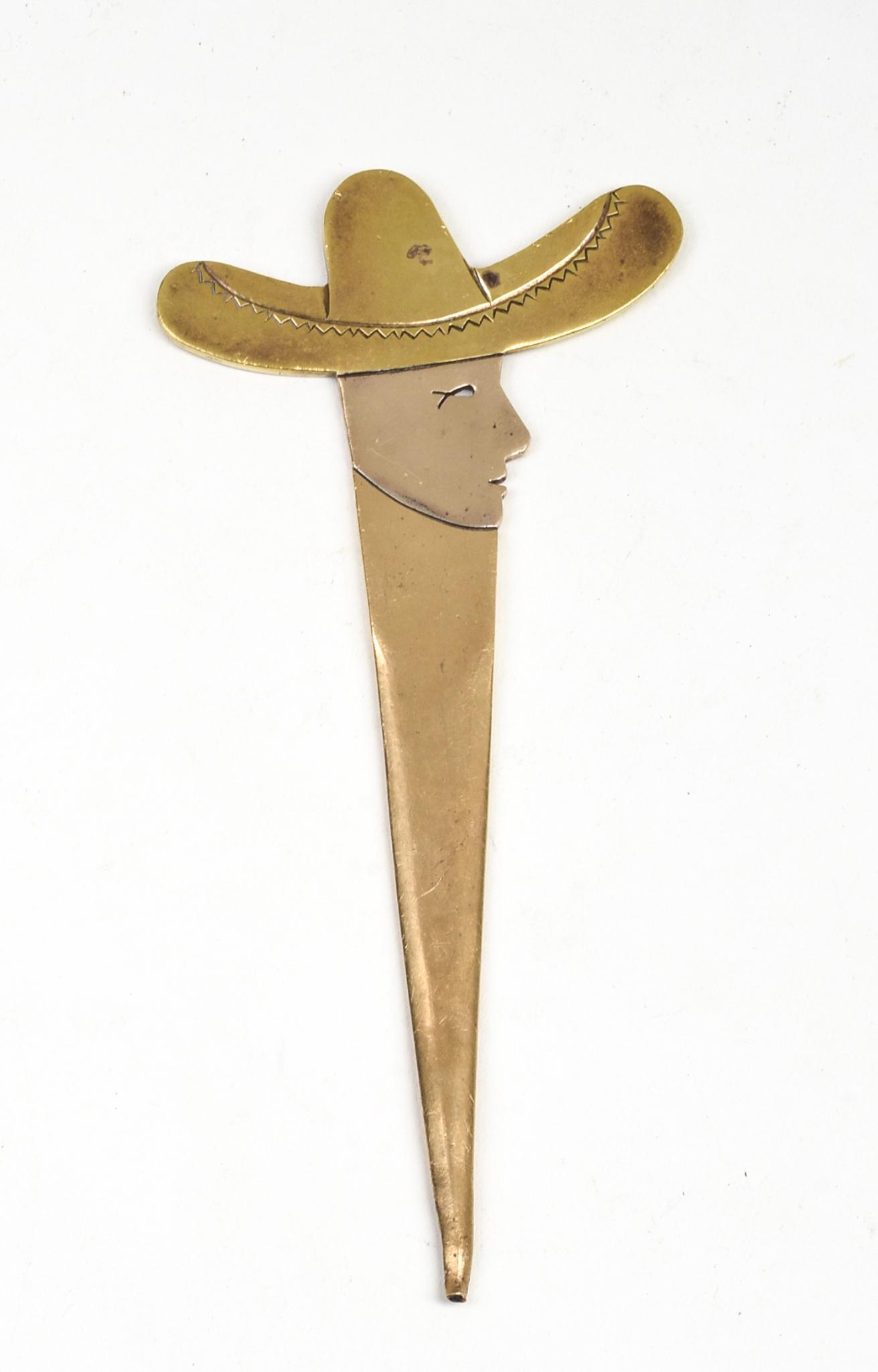 Metales Cosados Taxco Mexican Letter Opener.: Sterling, brass, and copper. Length 6.5 inches.
