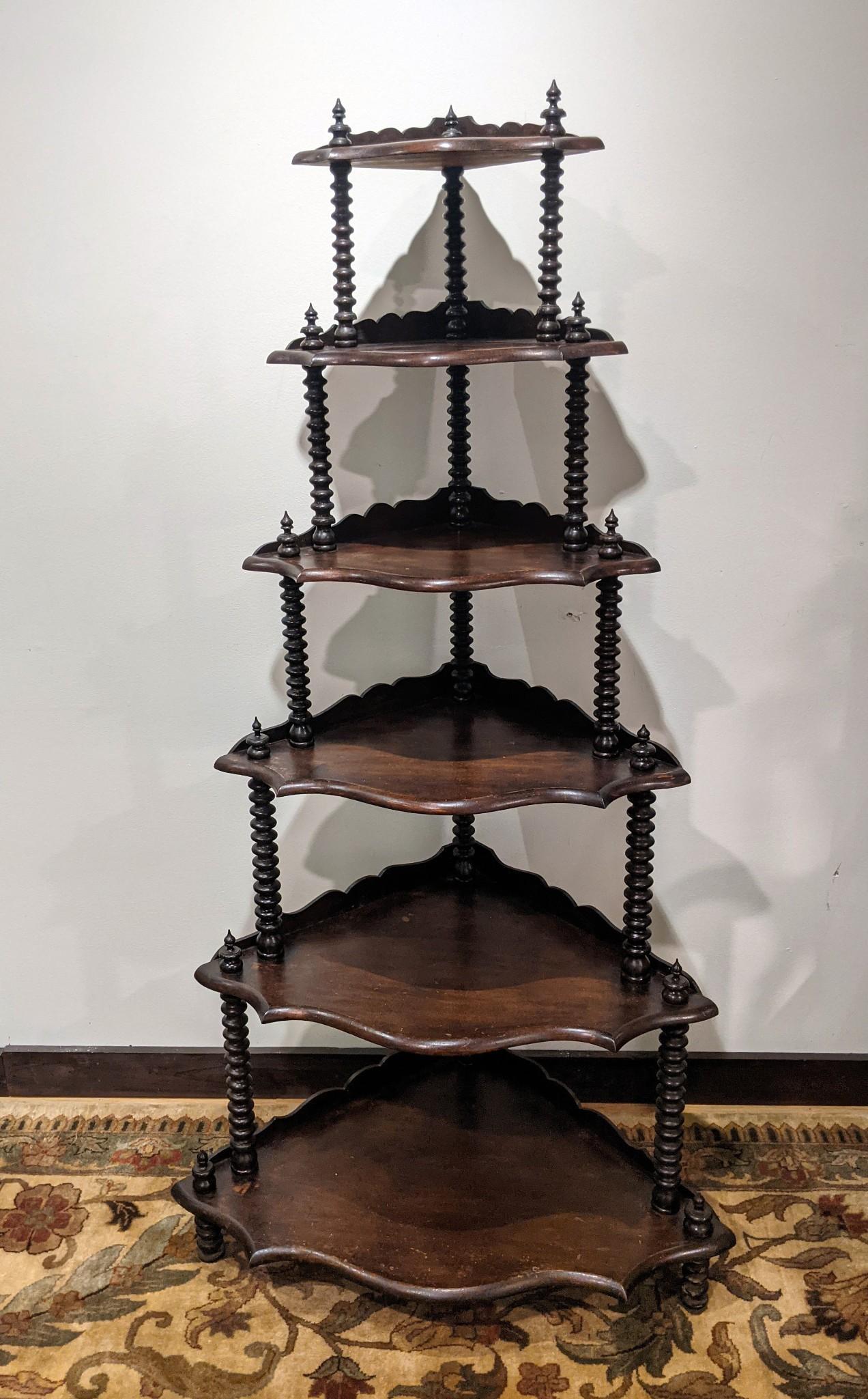 Victorian Six Shelf Etegere.: Walnut, height 60 inches, width 30 inches, depth 20 inches.
