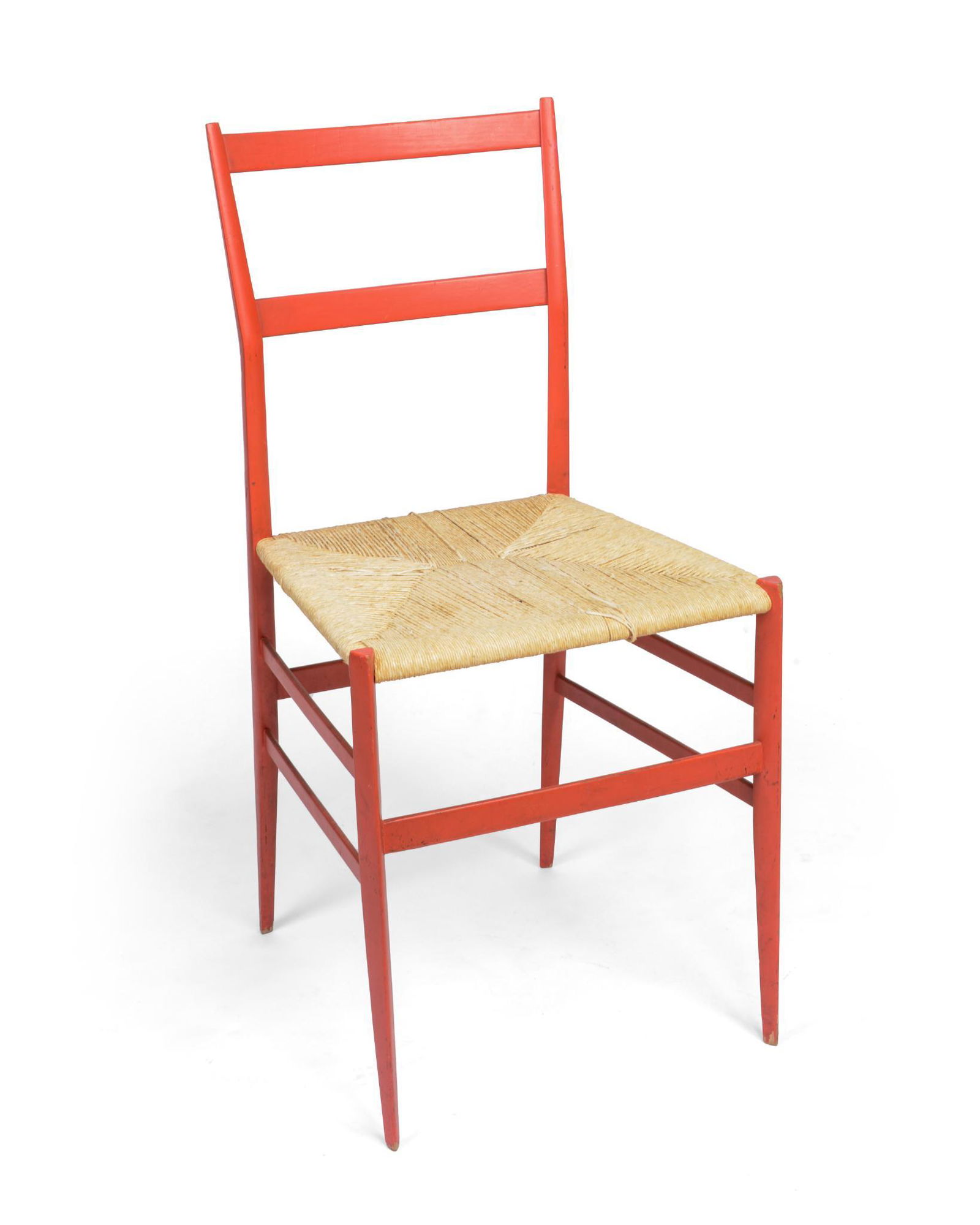 Gio Ponti Red Superleggera Chair: Made by Cassina, circa 1957, seat height 18 inches.