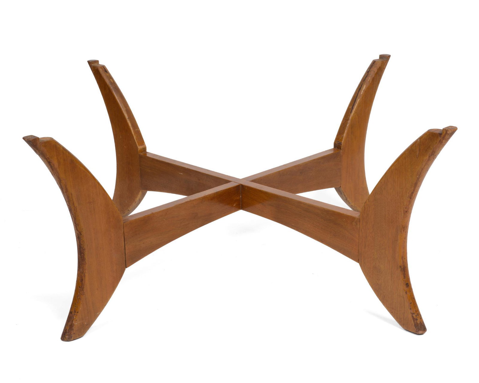 Vladimir Kagan Walnut Coffee Table Base: Height 18 inches, top 32 x 30 inches, branded with Kagan-Dreyfuss mark, 1950's