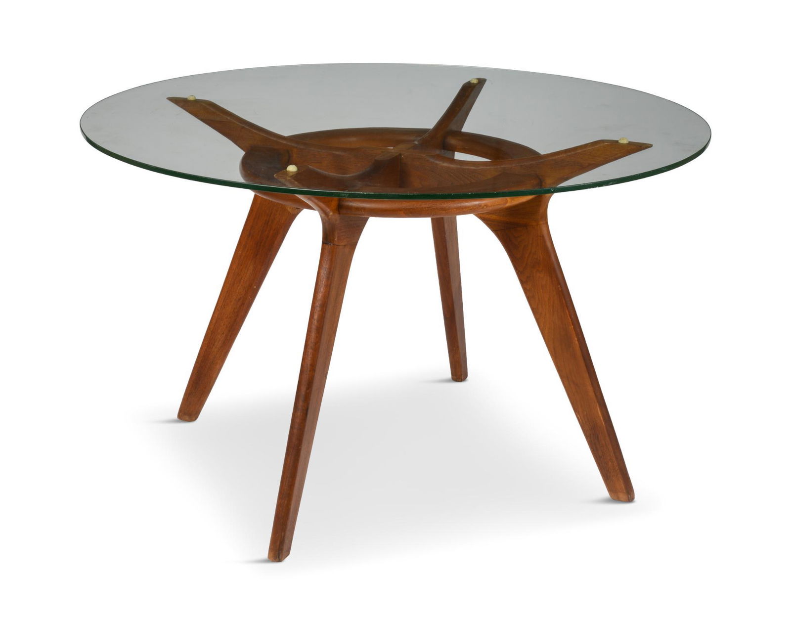 Adrian Pearsall Walnut and Glass Dining Table.: Craft Associates, circa 1950, height 29 inches, diameter of glass top