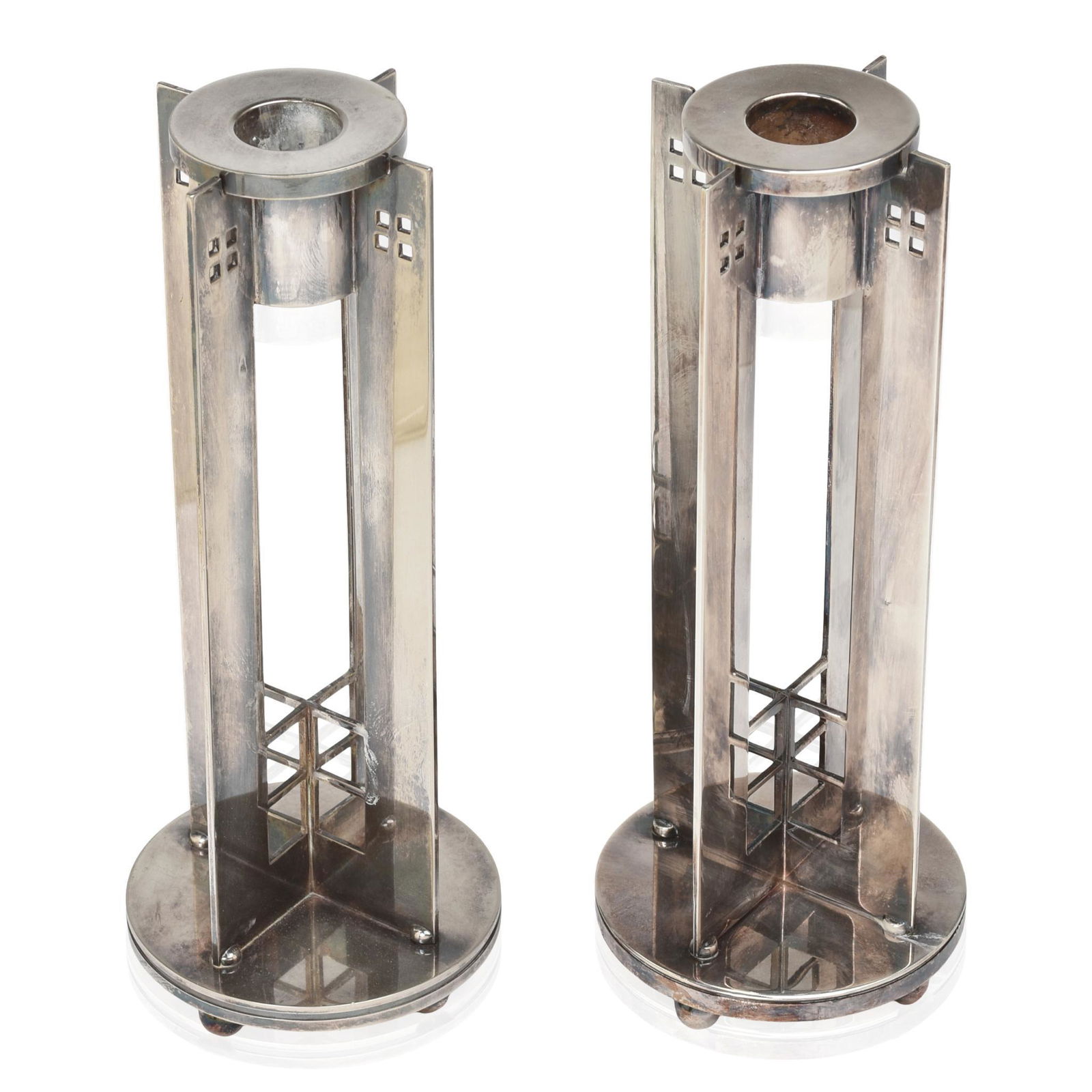 Pair of Richard Meier for Swid Powell Tower: Silverplate, height 9 inches.