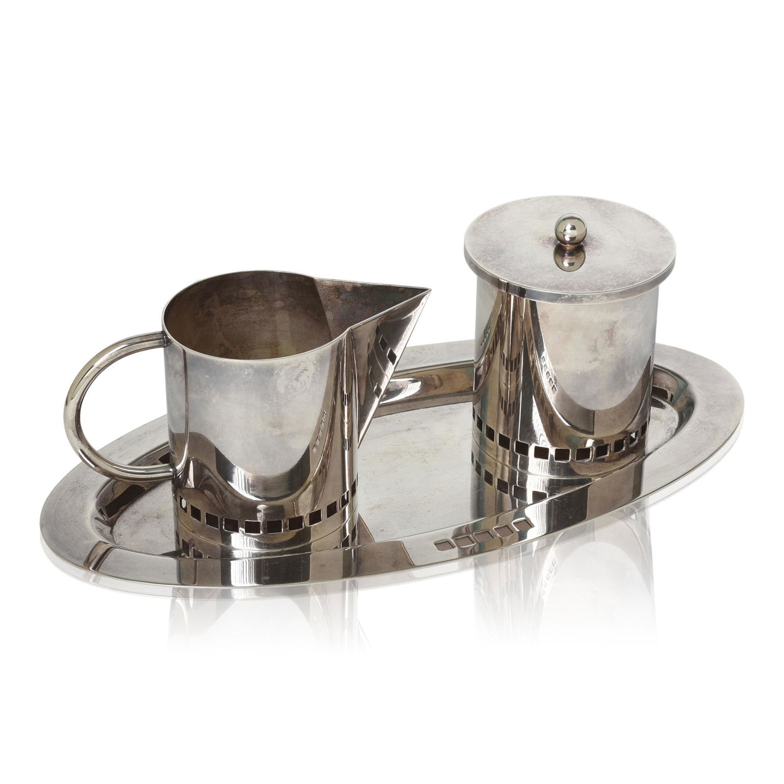 Richard Meier for Swid Powell Tray With Sugar and: Silverplate, tray 10.5 x 5 inches, height of creamer 3 inches.