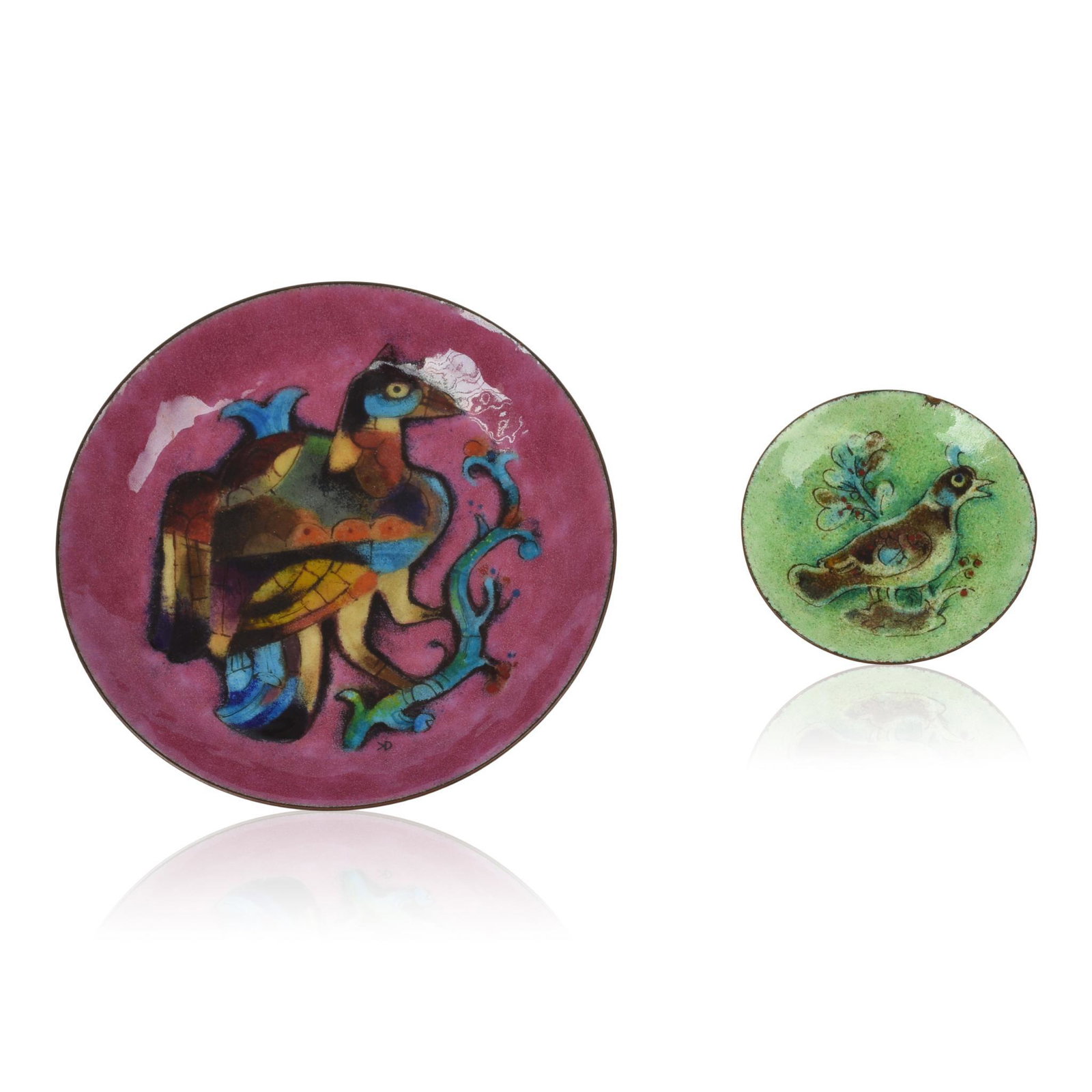 Karl Drerup (1904-2000). Two Bowls With Birds.: Enameled copper. The larger, diameter 5.75 inches. The smaller, diameter 3 inches. Loss to reverse of smaller bowl.