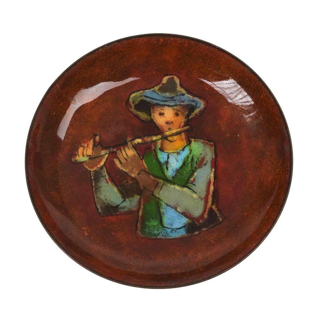 Karl Drerup (1904-2000). Bowl With Boy Playing a Flute.: Enameled copper, diameter 4.75 inches.