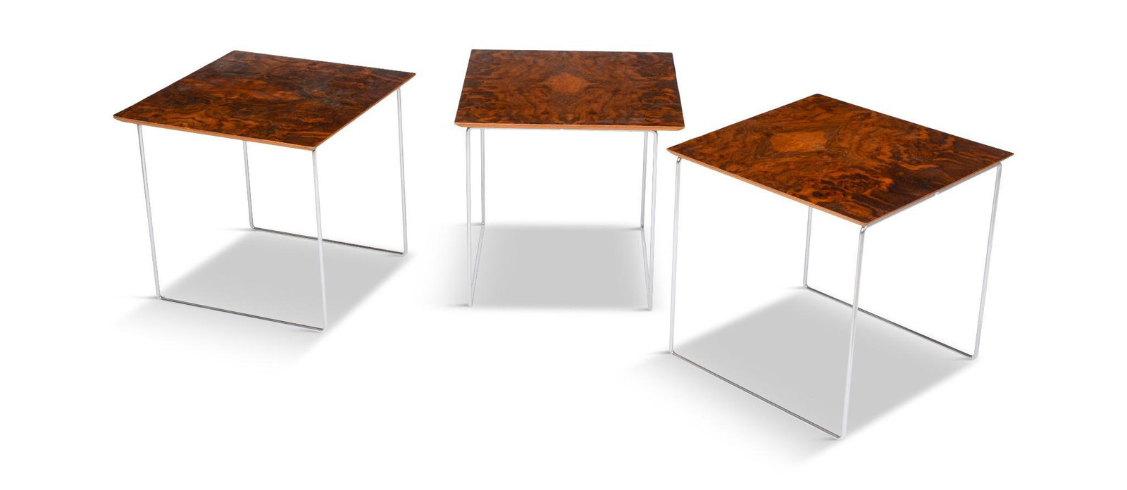 Three Scandinavian Design Side Tables.: Rosewood veneer with steel legs, mid 20th century. Height 15 inches, top 16 inches square.