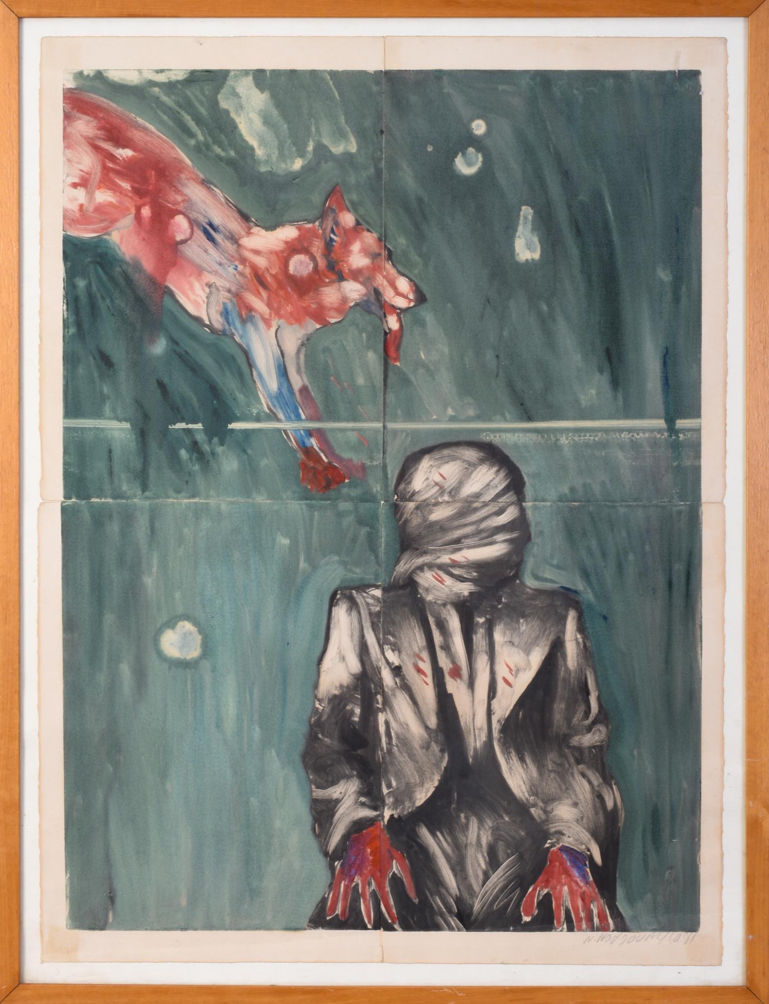Nicky Nodjoumi. Interrogation With Dog, 1981.: Monoprint on four sheets of paper, total sheet size 30 x 22 inches, framed. Signed and dated 1981, lower right. Sheet has been folded and has a horizontal and vertical crease line.NOTE: This item was