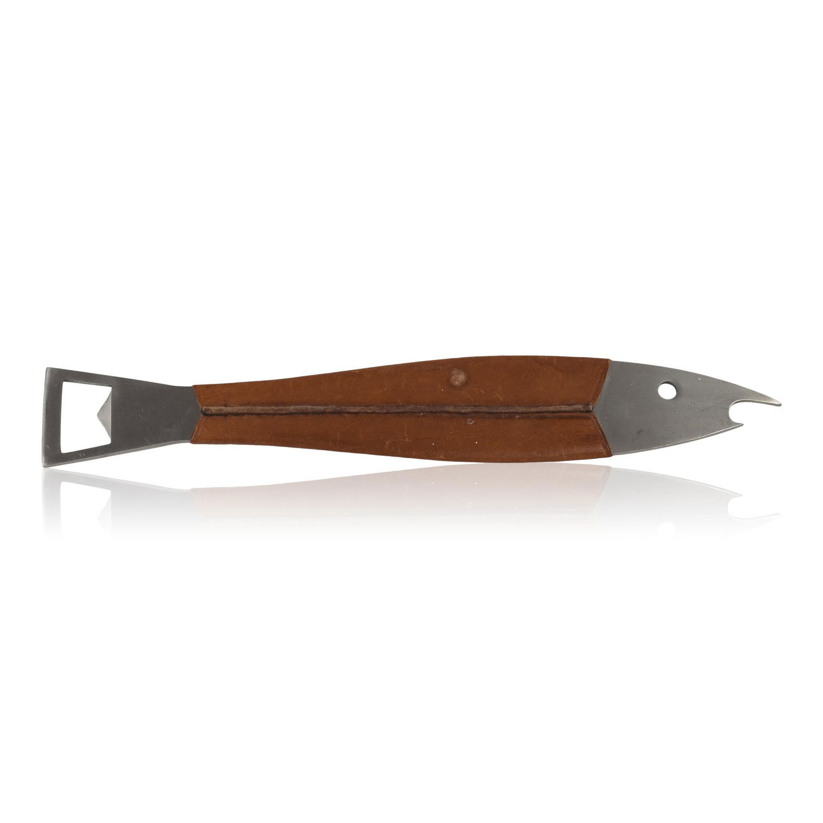 Carl Aubock Leather and Metal Fish Bottle Opener.: Austrian Design by Arthur Salm, length 9.5 inches.