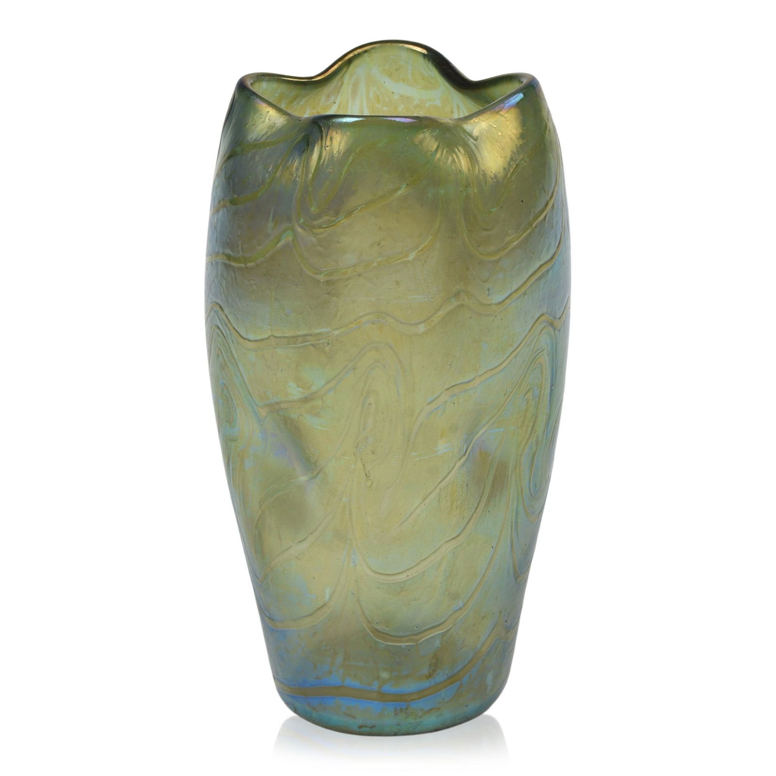 Fritz Heckert "Changeant" Glass Vase: Height 8 inches, iridescent with swirls, Otto Thamm Design, circa 1900.