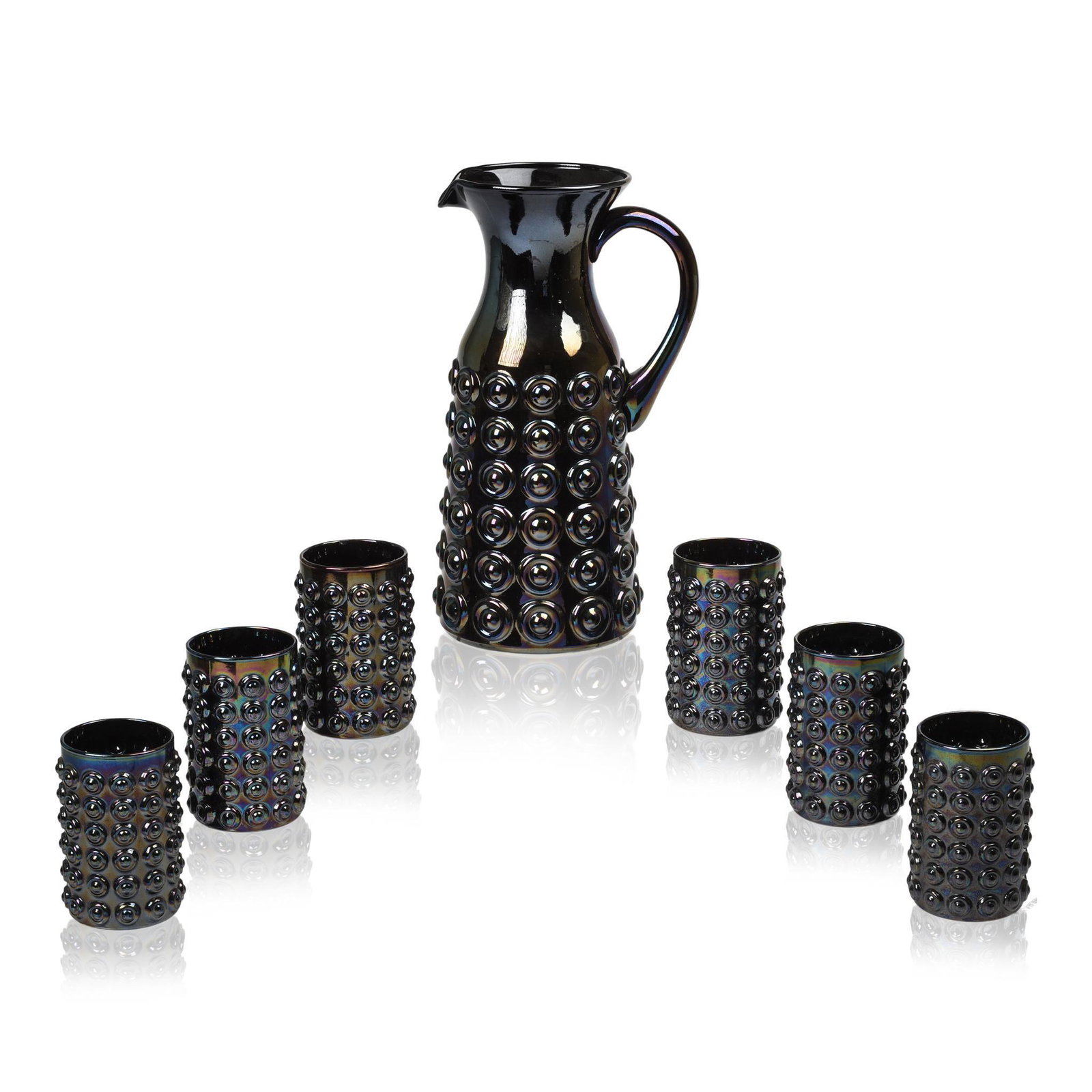 Murano Glass Pitcher and Six Glasses.: Height of pitcher 10.25 inches. The glasses with foil label.