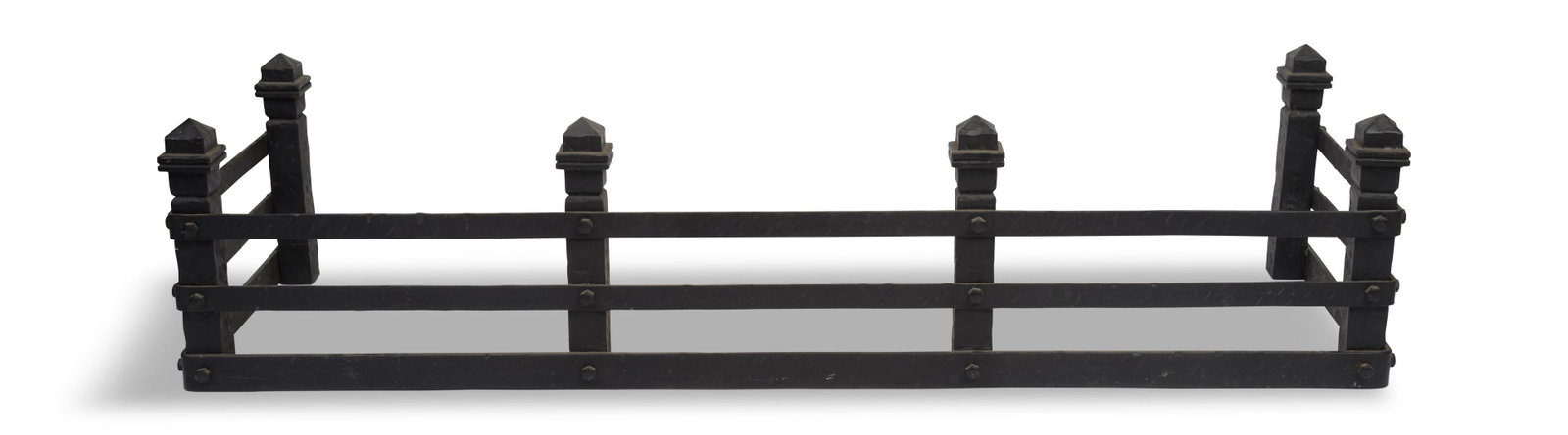 Arts and Crafts Wrought Iron Fire Fender: Length 47.5 inches, height 11.5 inches, depth 14.5 inches, hand hammered and riveted, c. 1910