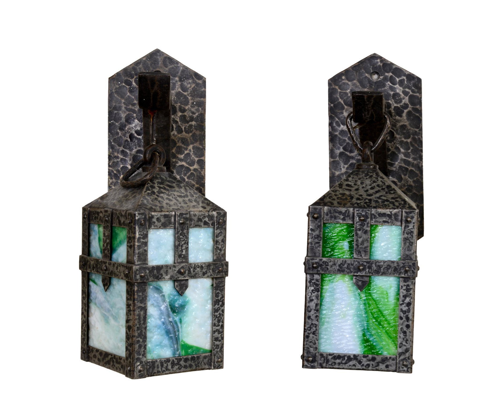 Pair of Arts and Crafts Panel Glass Sconces: c. 1915, height 12 inches, width 5 inches, depth 7 inches.