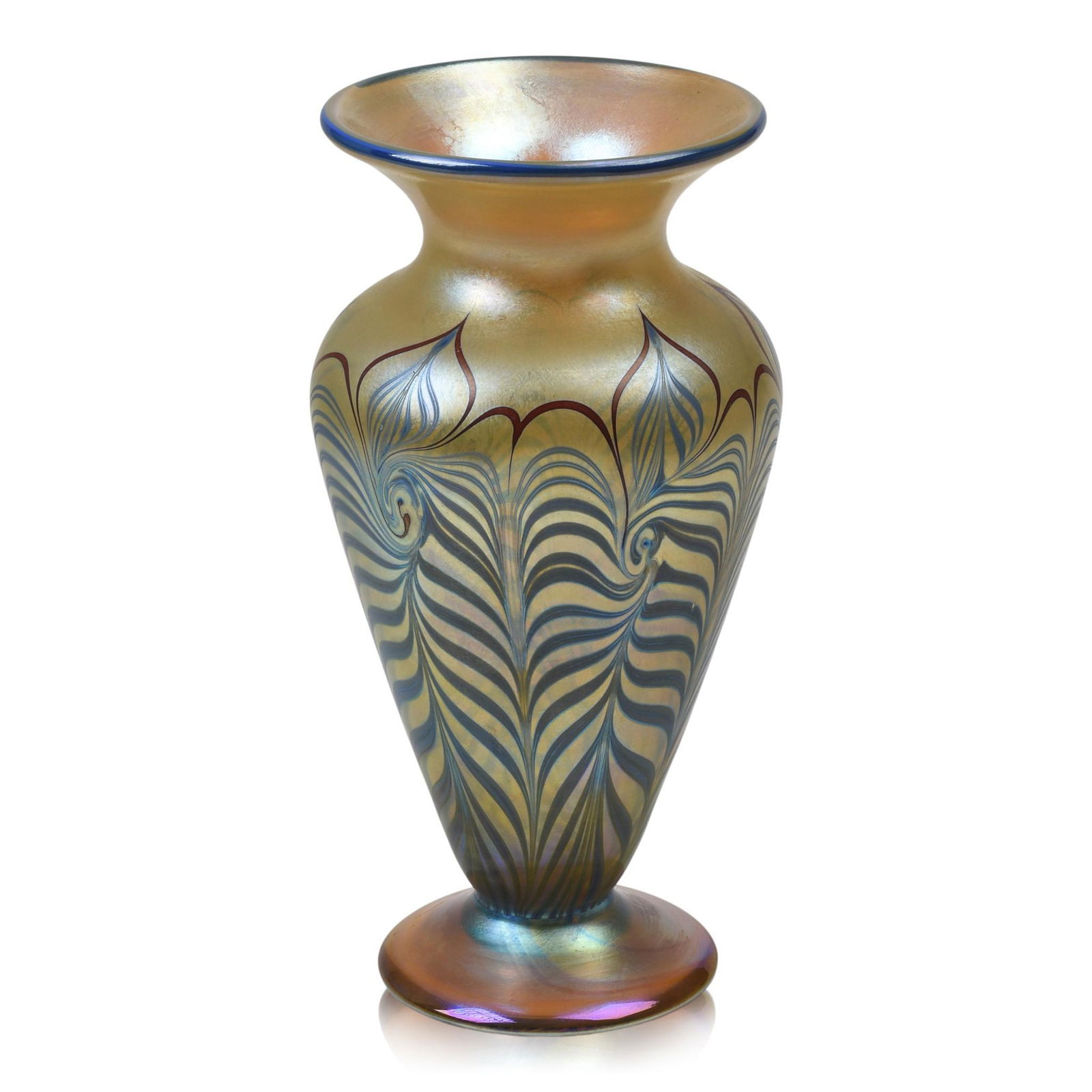 Studio Glass Vase with Pulled Feather Decoration: Height 10.25 inches, circa 1970s, attributed to Vandermark or Lundberg, spurious L.C. Tiffany signature on bottom,