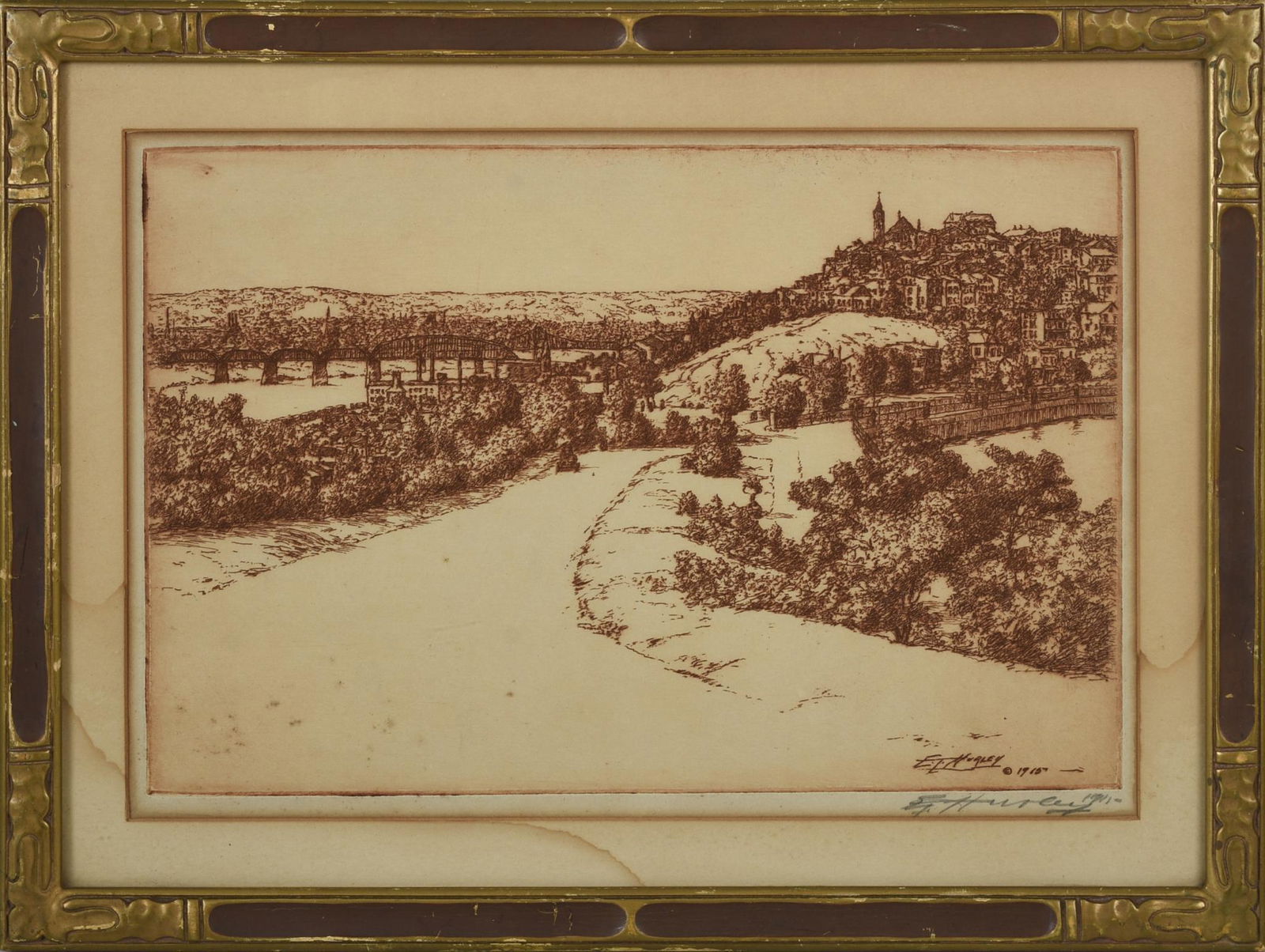 Edward T. Hurley "Mt. Adams, Cincinnati" Etching: (Ohio, 1869-1950), c. 1915, signed and dated in pencil and in the plate, framed in a Closson hand carved Arts and Crafts frame, frame 12.25 x 16.25 inches. E.T. Hurley was a painter, etcher, sculptor