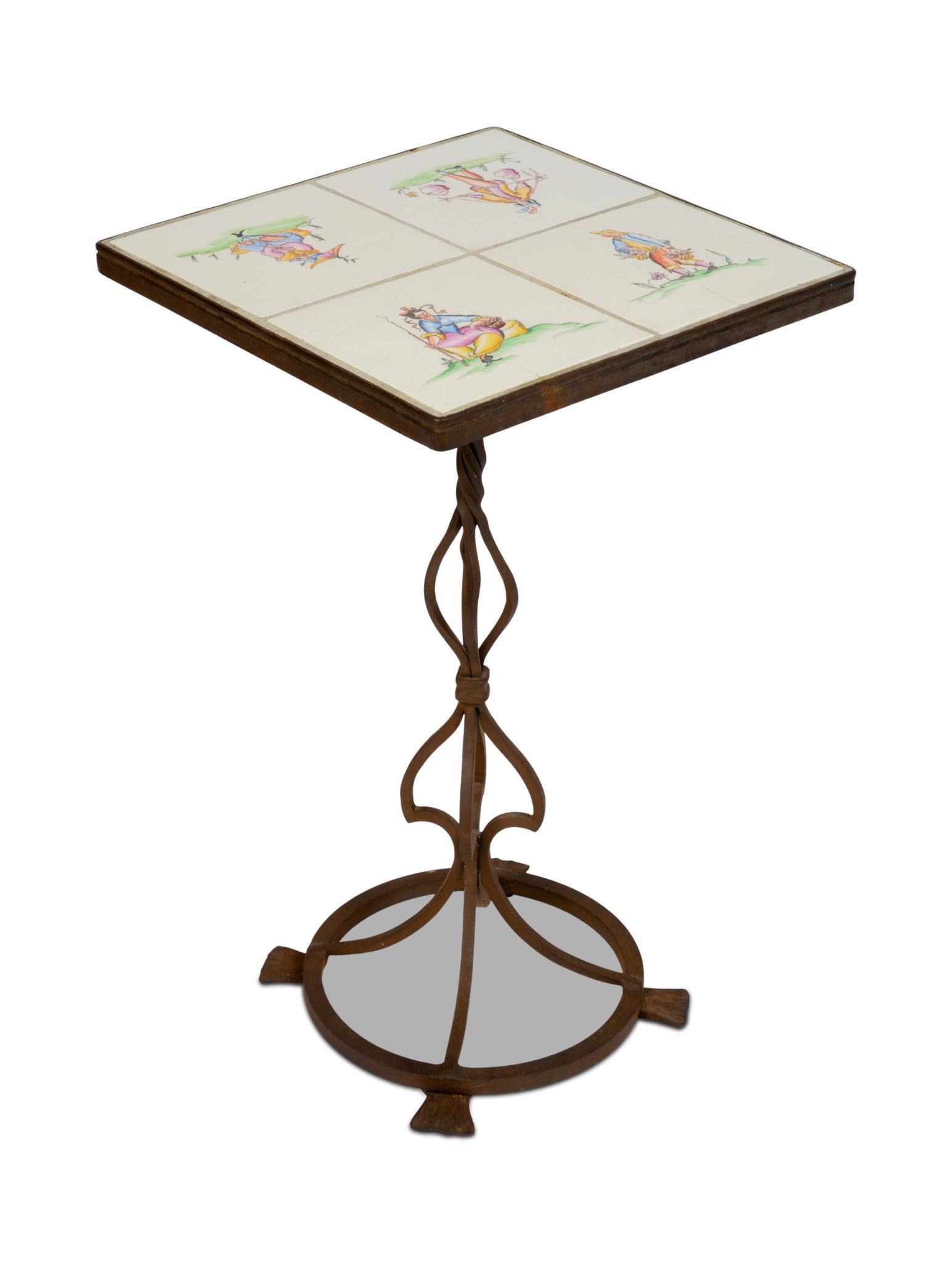 Wrought Iron Table with Guido Andlovitz Tiles.: Gio Ponti style Italian Art Deco. Height 21 inches, top 12.25 inches by 12.5 inches.