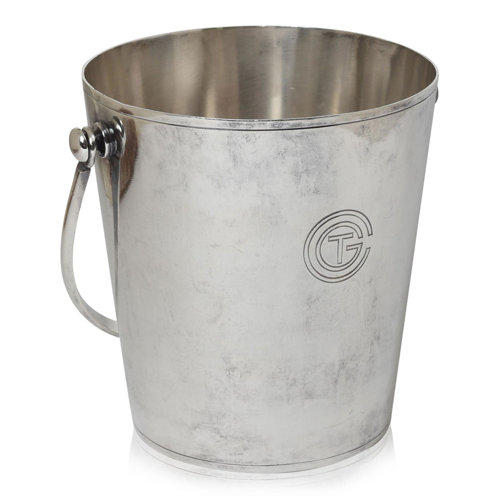 SS Normandie Art Deco Ocean Liner Ice Bucket: Made by Christofle, c. 1935, Gallia Silverplate, CGT logo on front for Company Generale Transatlantique. Height over handle 9 inches.