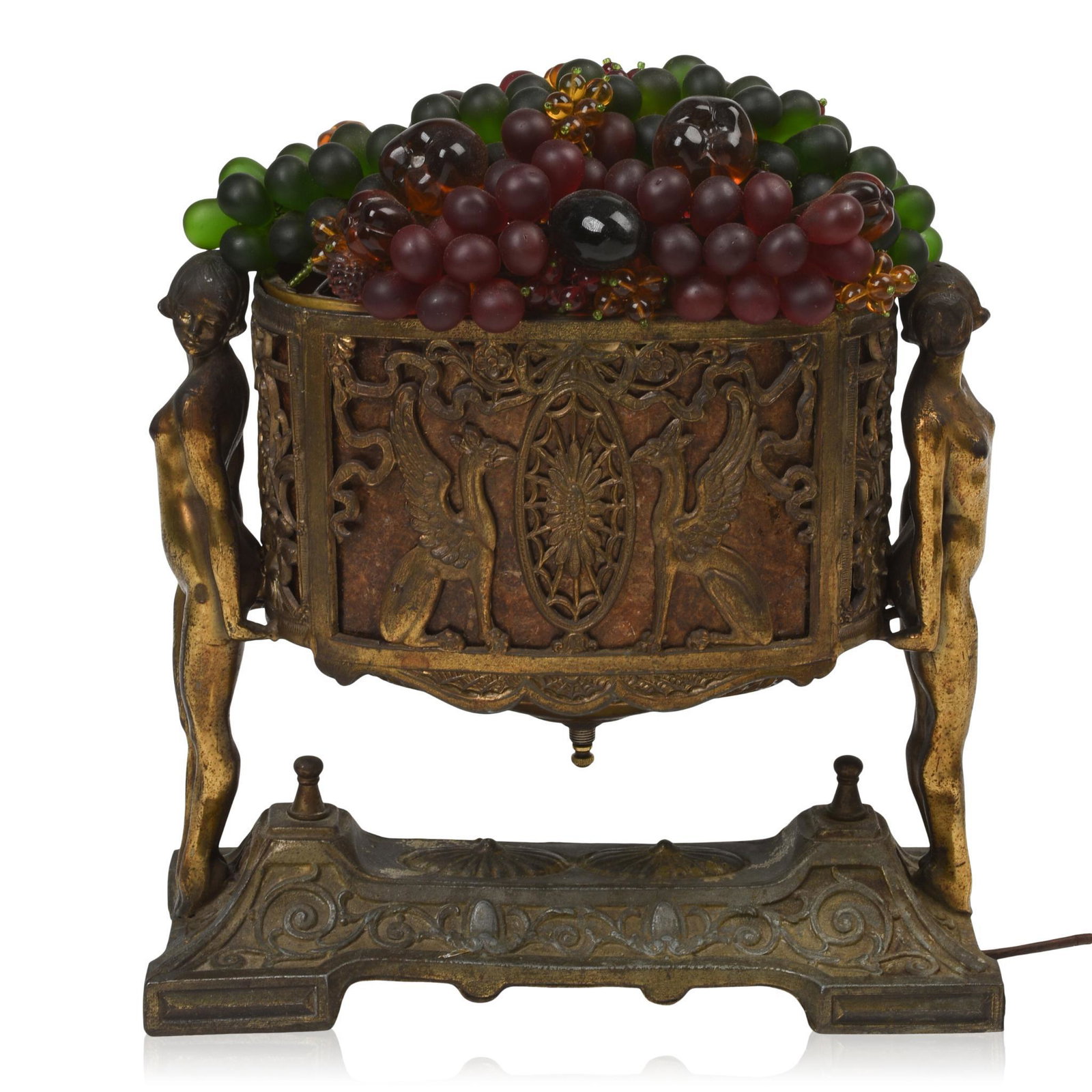 Czech Art Deco Glass Fruit Lamp with Nudes, c. 1920's: Height 13 inches, width 11.5 inches, depth 5 inches. Mica panels behind openwork designs, needs rewiring,