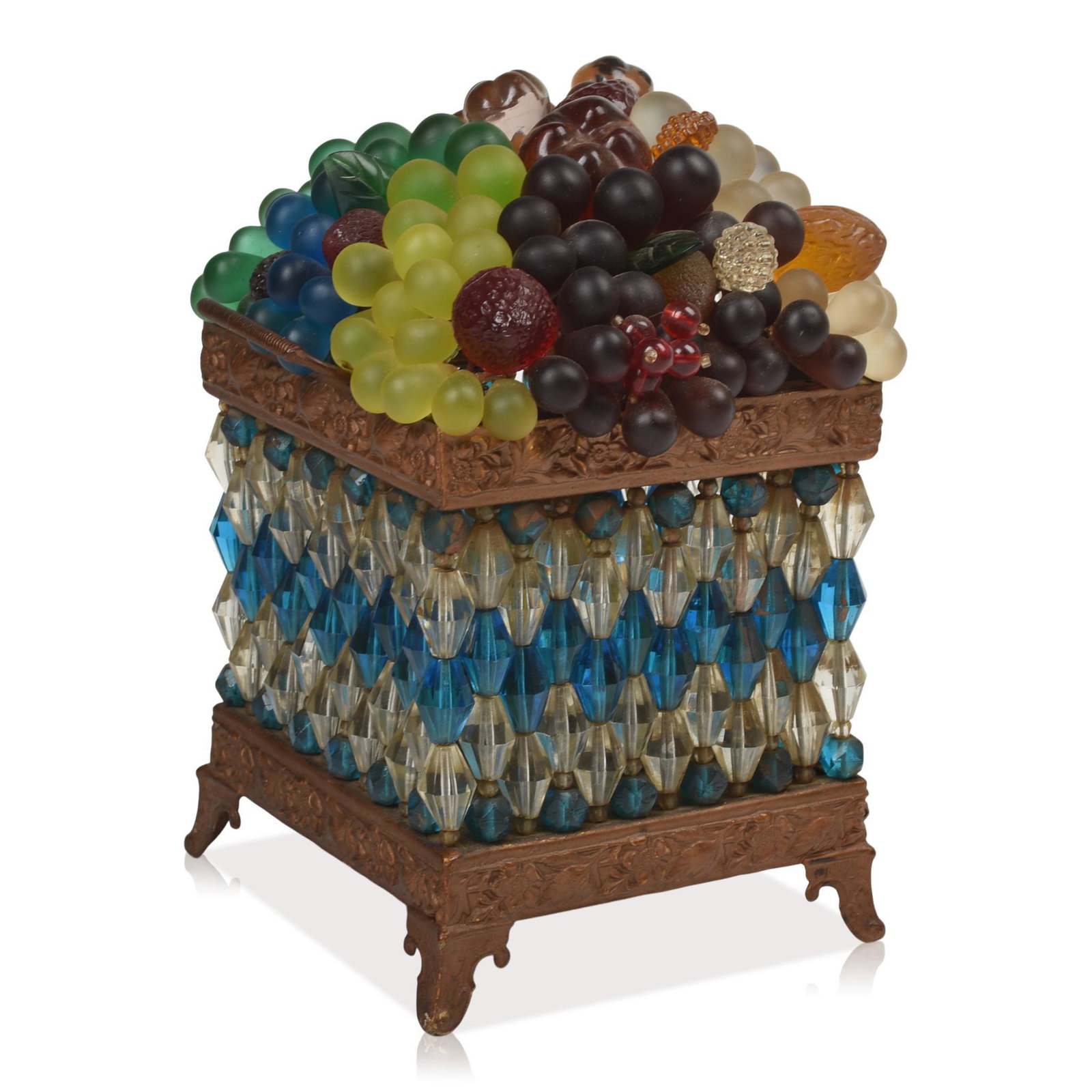 Czech Art Deco Glass Fruit Basket Lamp, c. 1920's: Height 9 inches, width 6 inches, depth 6 inches. Basket made of glass beads, marked "Made in Czechoslovakia"