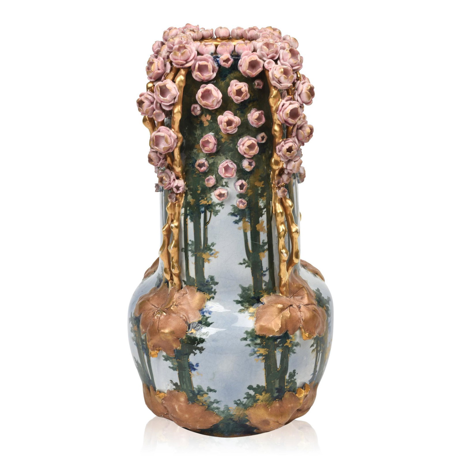 Amphora Art Nouveau Pottery Vase with Applied Flowers: Austria, c. 1900, impressed Amphora signature, numbered 3884, height 14.25 inches